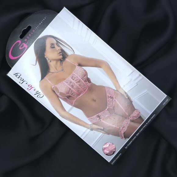 3pc Lace Corset Set Open Crotch Panty Garters Candy Pink O/S G World Intimates - Picture 2 of 9